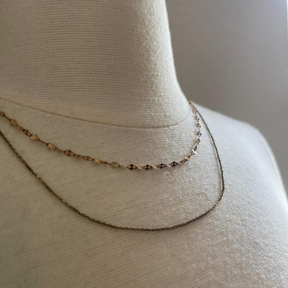 925 Gold Tone Double Layered Necklace Dainty Disc Link and Cable Chain Tiered - Picture 2 of 3